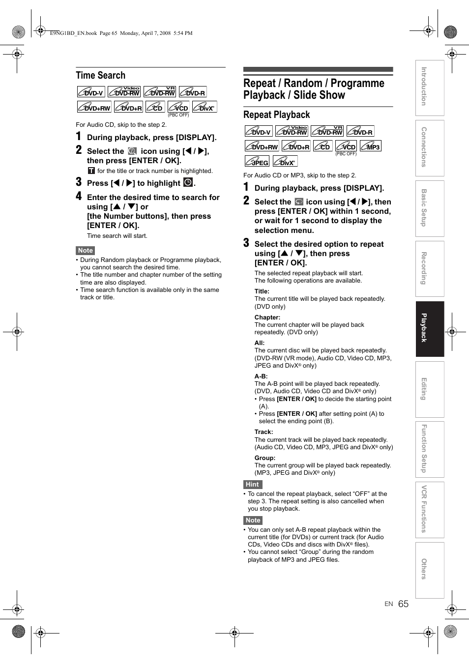 Repeat / random / programme playback / slide show, Time search, Repeat playback | Toshiba DVR18 User Manual | Page 65 / 96