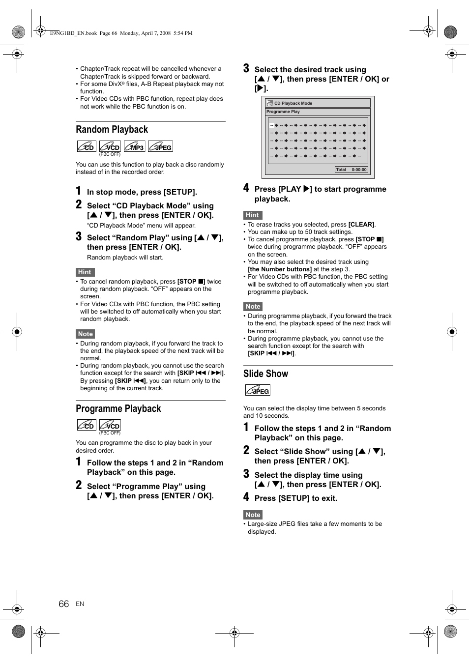 Random playback, Programme playback, Slide show | Toshiba DVR18 User Manual | Page 66 / 96