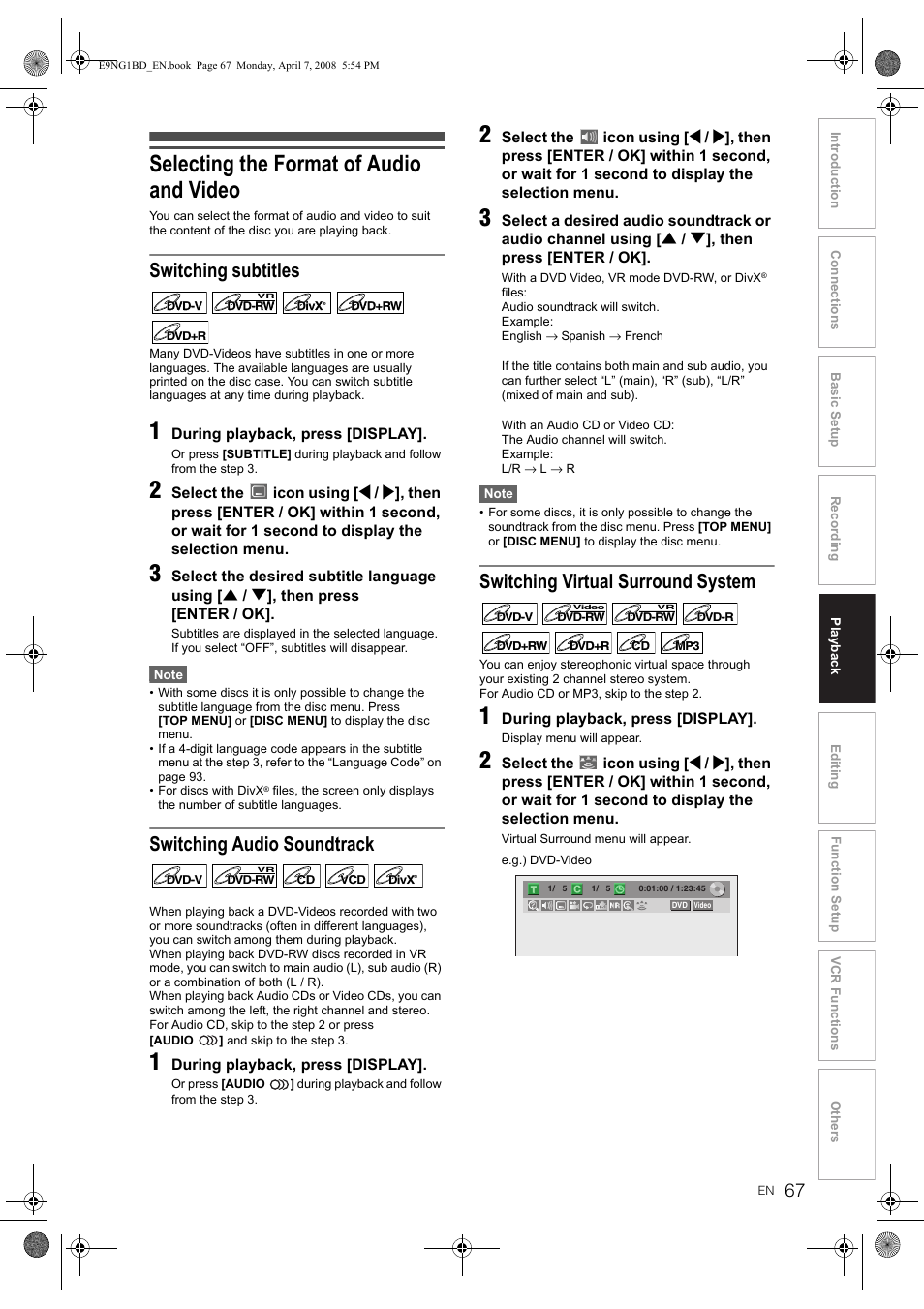 Selecting the format of audio and video, Switching subtitles, Switching audio soundtrack | Switching virtual surround system | Toshiba DVR18 User Manual | Page 67 / 96