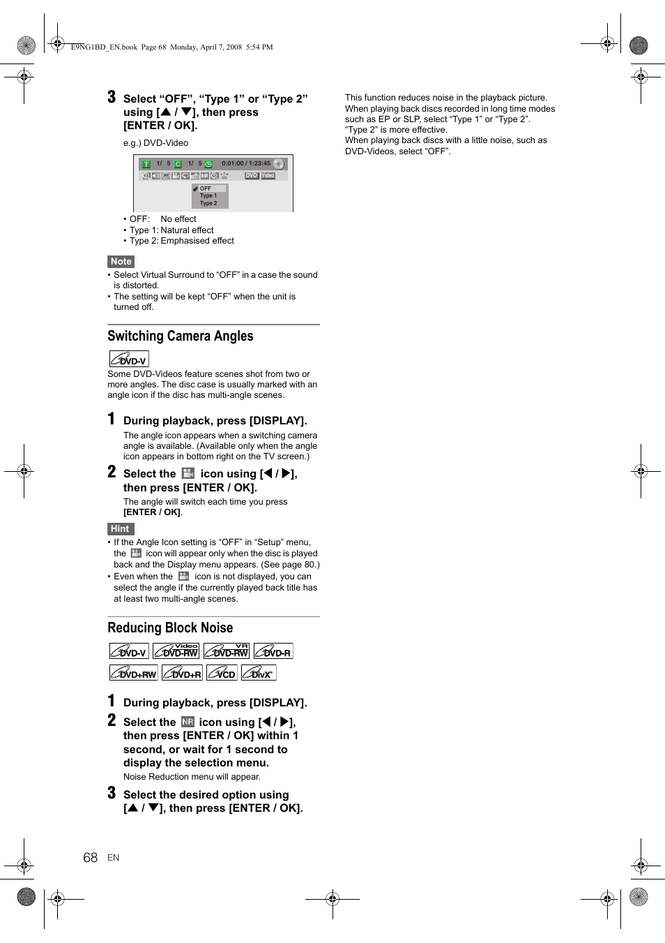 Switching camera angles, Reducing block noise | Toshiba DVR18 User Manual | Page 68 / 96
