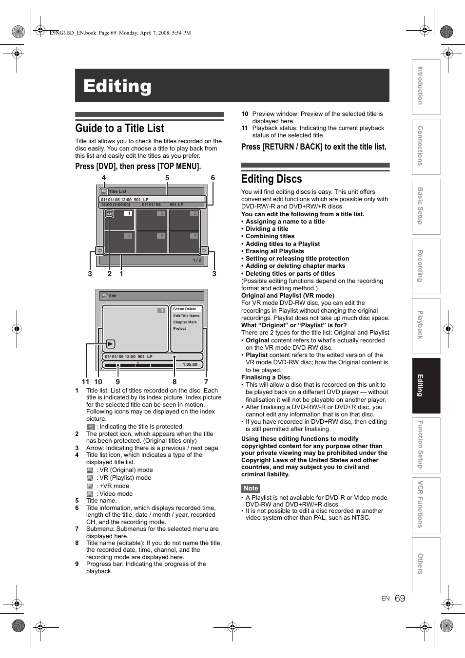 Editing, Guide to a title list, Editing discs | Press [dvd], then press [top menu, Press [return / back] to exit the title list | Toshiba DVR18 User Manual | Page 69 / 96