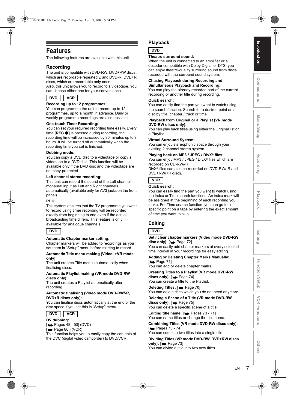 Features | Toshiba DVR18 User Manual | Page 7 / 96