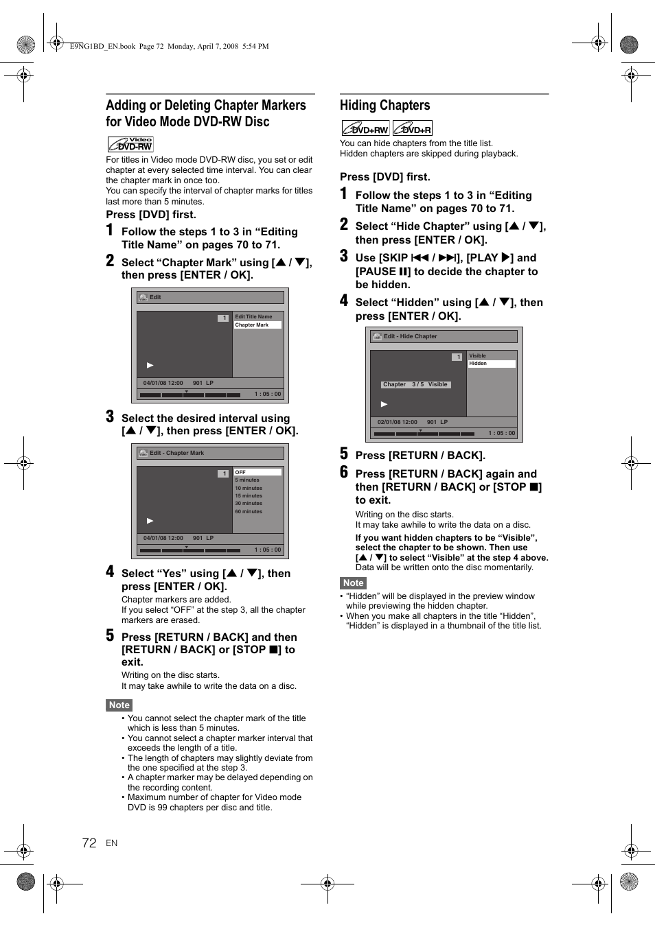 Hiding chapters | Toshiba DVR18 User Manual | Page 72 / 96