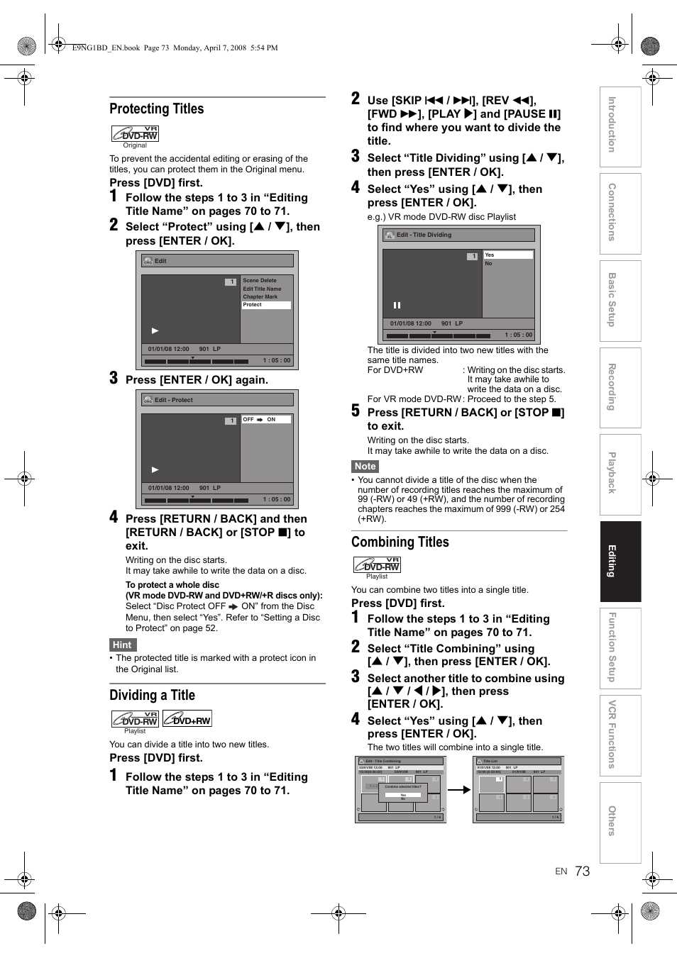 Protecting titles, Dividing a title, Combining titles | Toshiba DVR18 User Manual | Page 73 / 96