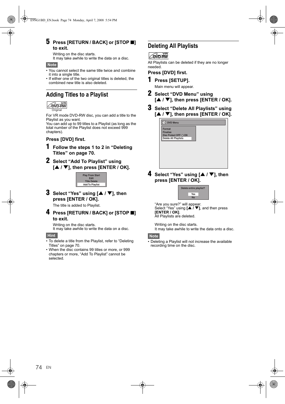 Adding titles to a playlist, Deleting all playlists | Toshiba DVR18 User Manual | Page 74 / 96