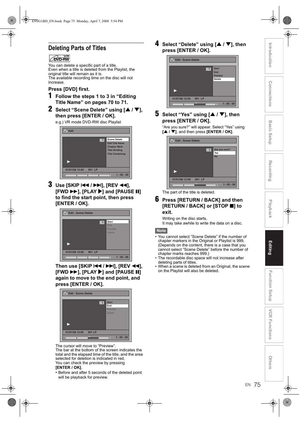 Deleting parts of titles | Toshiba DVR18 User Manual | Page 75 / 96