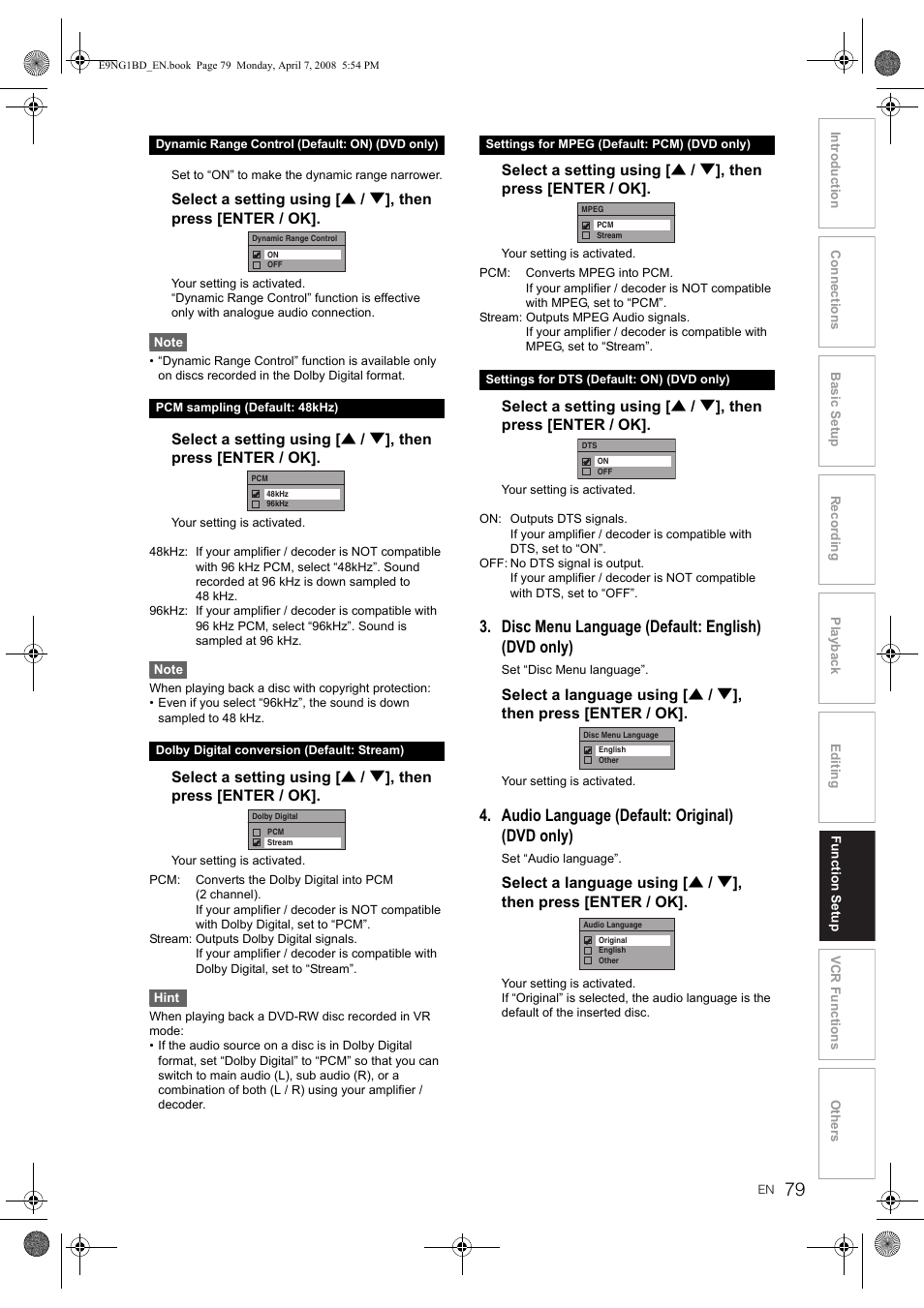 Disc menu language (default: english) (dvd only), Audio language (default: original) (dvd only) | Toshiba DVR18 User Manual | Page 79 / 96