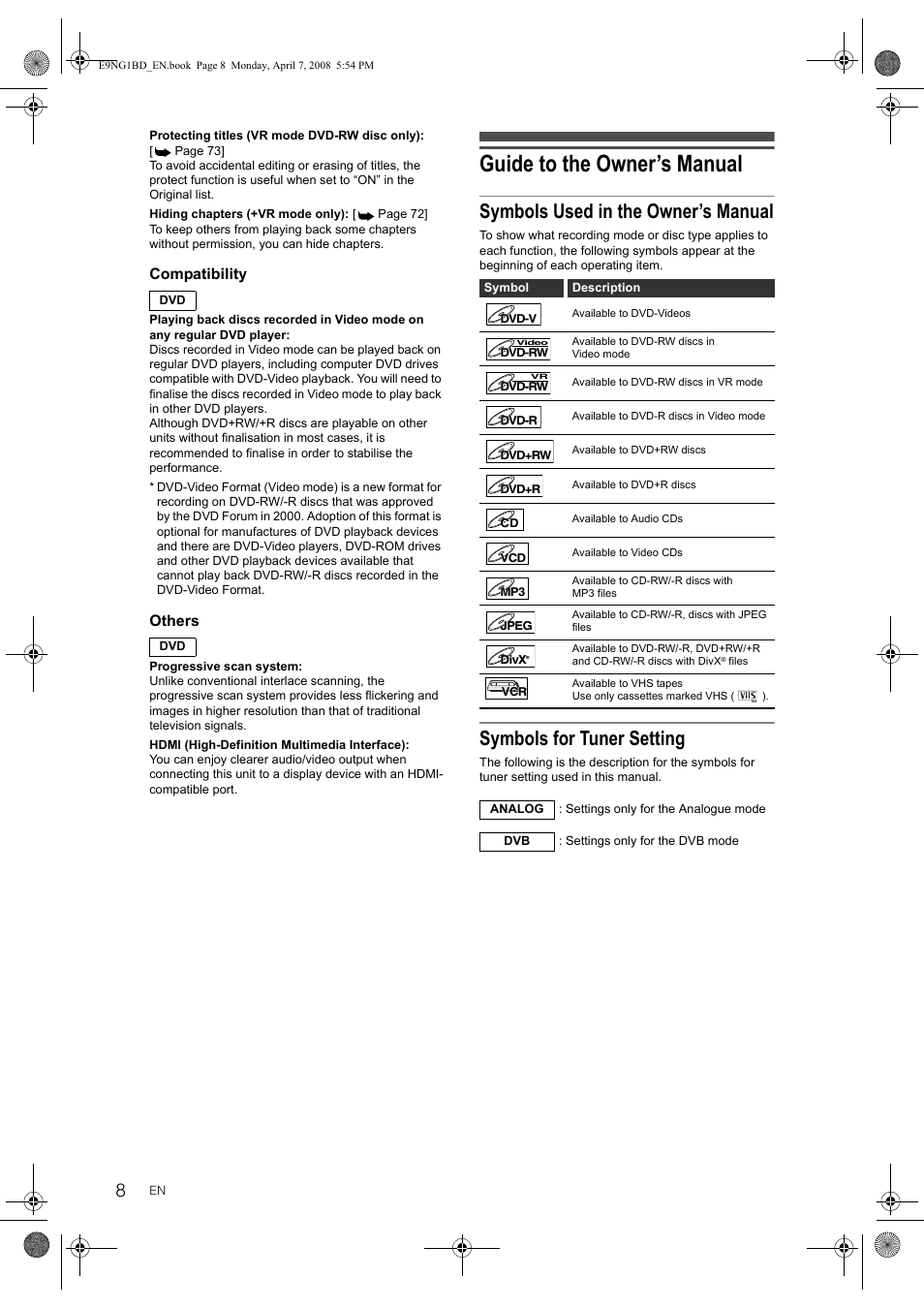 Guide to the owner’s manual, Symbols used in the owner’s manual, Symbols for tuner setting | Toshiba DVR18 User Manual | Page 8 / 96