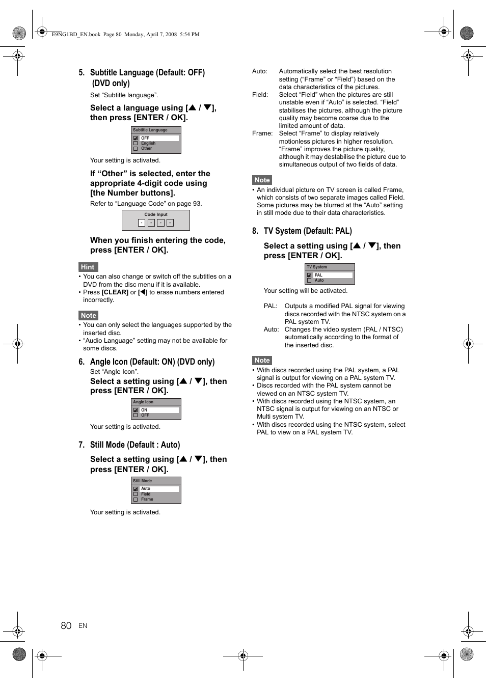 Subtitle language (default: off) (dvd only), Angle icon (default: on) (dvd only), Still mode (default : auto) | Tv system (default: pal) | Toshiba DVR18 User Manual | Page 80 / 96