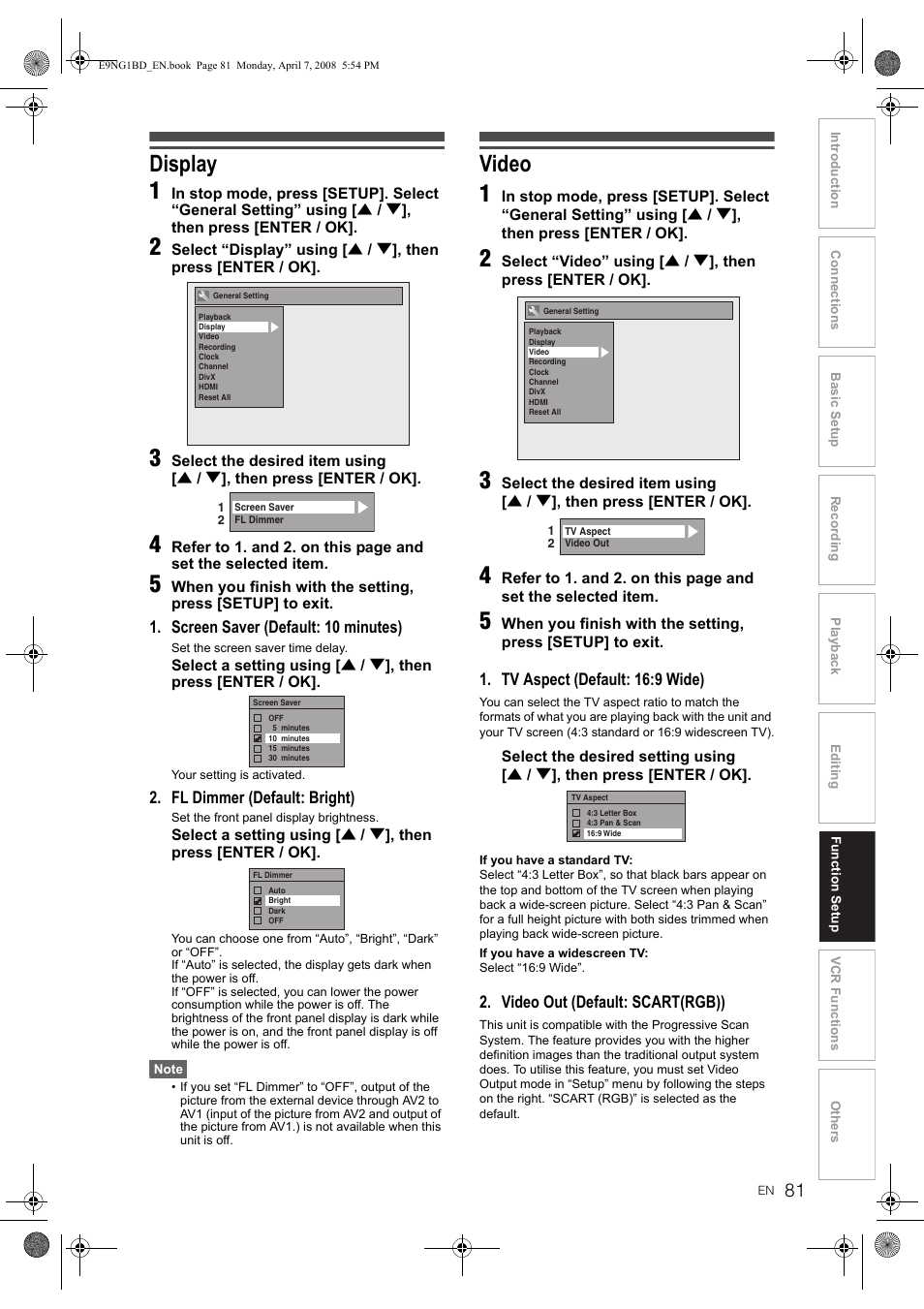 Display 1, Video 1 | Toshiba DVR18 User Manual | Page 81 / 96