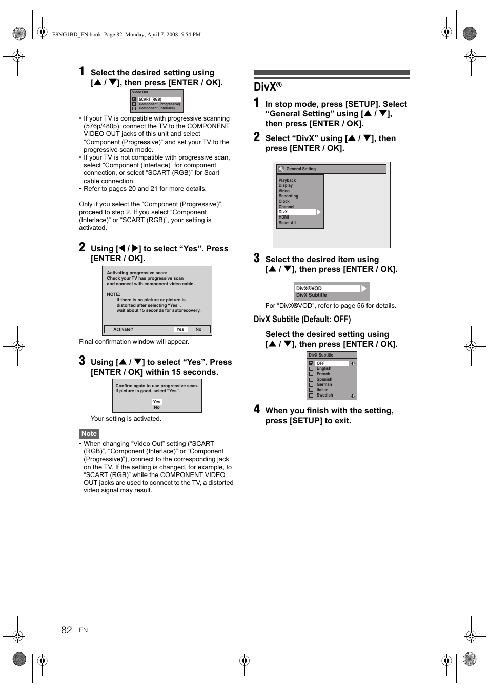 Divx, Divx subtitle (default: off) | Toshiba DVR18 User Manual | Page 82 / 96