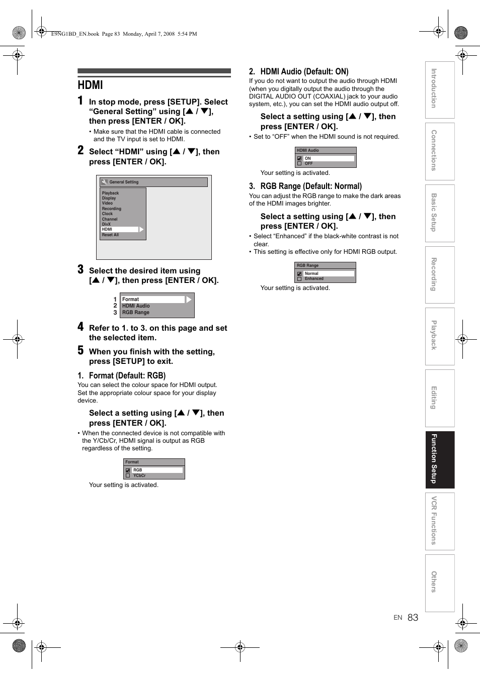 Hdmi 1, Format (default: rgb), Hdmi audio (default: on) | Rgb range (default: normal) | Toshiba DVR18 User Manual | Page 83 / 96