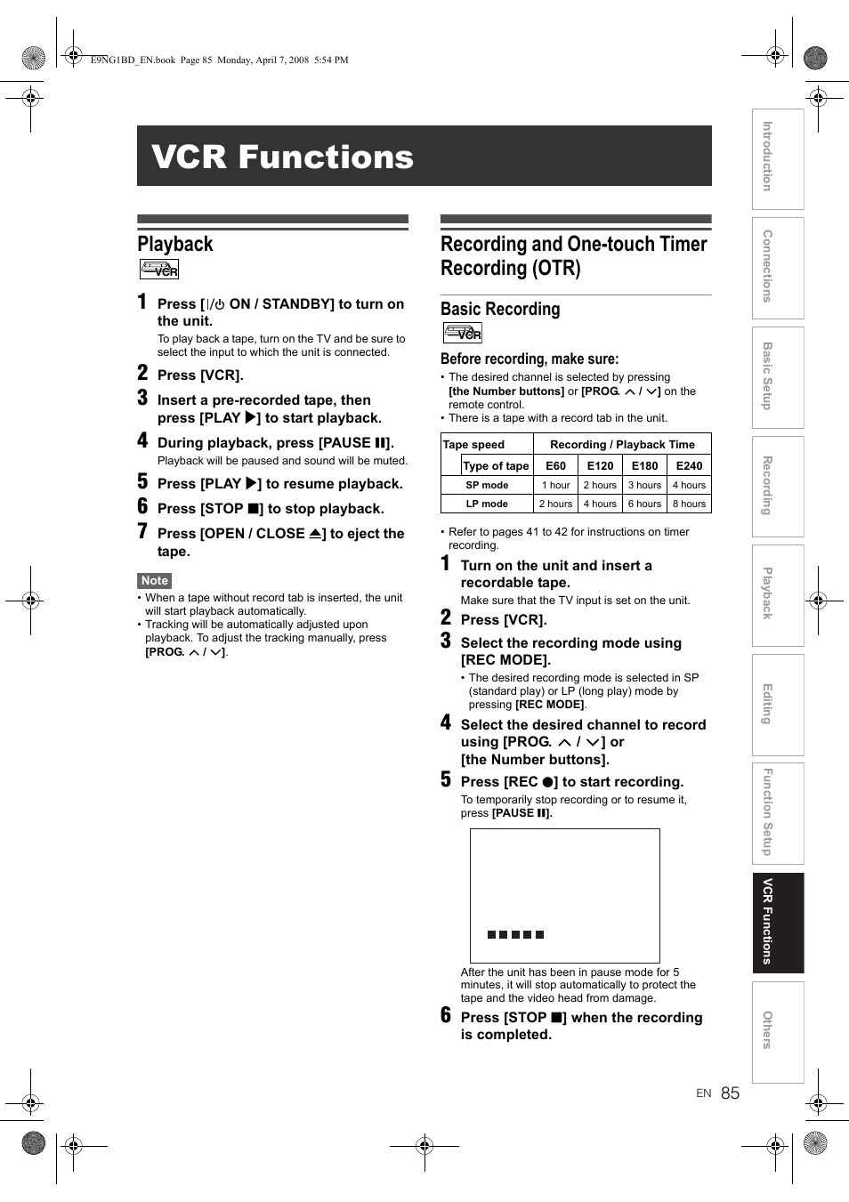 Vcr functions, Playback 1, Recording and one-touch timer recording (otr) | Basic recording | Toshiba DVR18 User Manual | Page 85 / 96