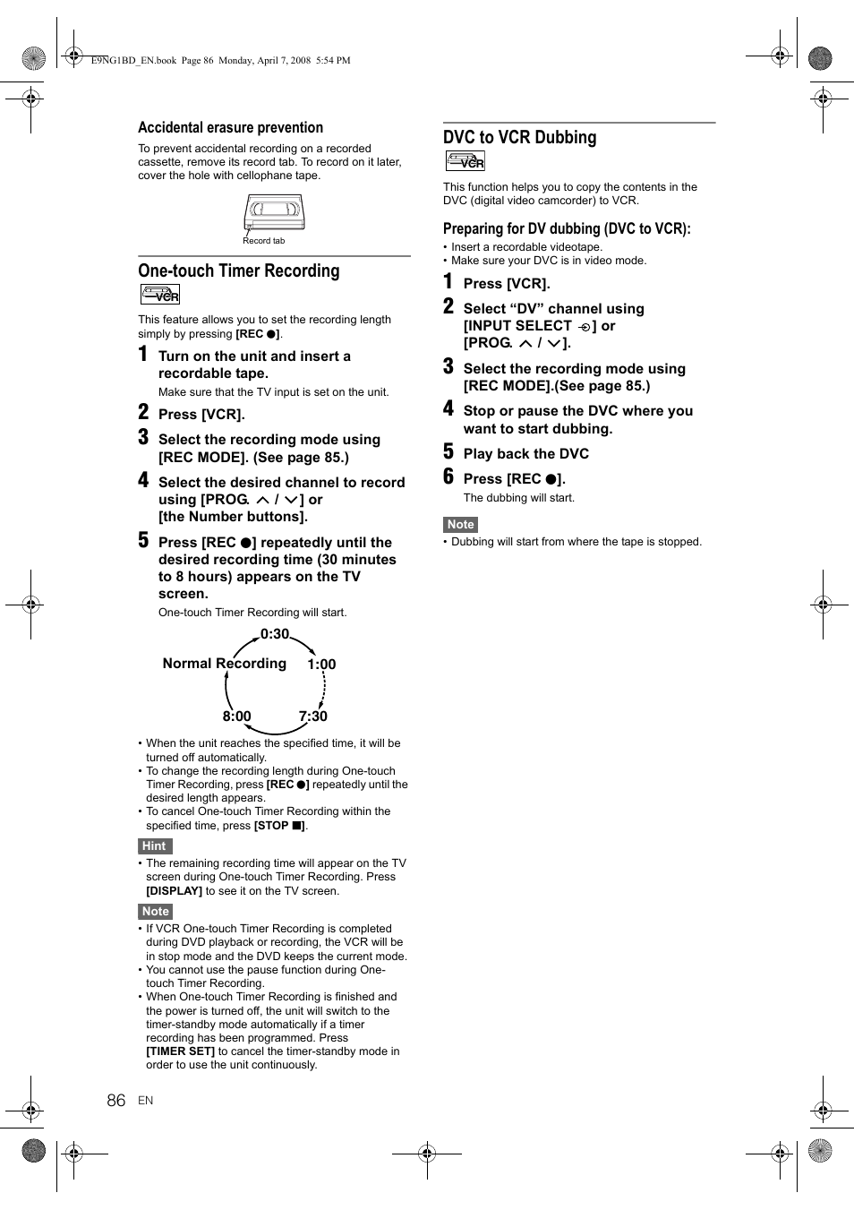 One-touch timer recording, Dvc to vcr dubbing | Toshiba DVR18 User Manual | Page 86 / 96