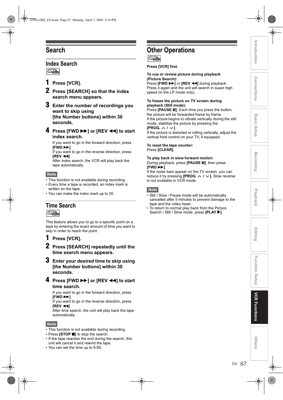 Search, Other operations, Index search | Time search | Toshiba DVR18 User Manual | Page 87 / 96