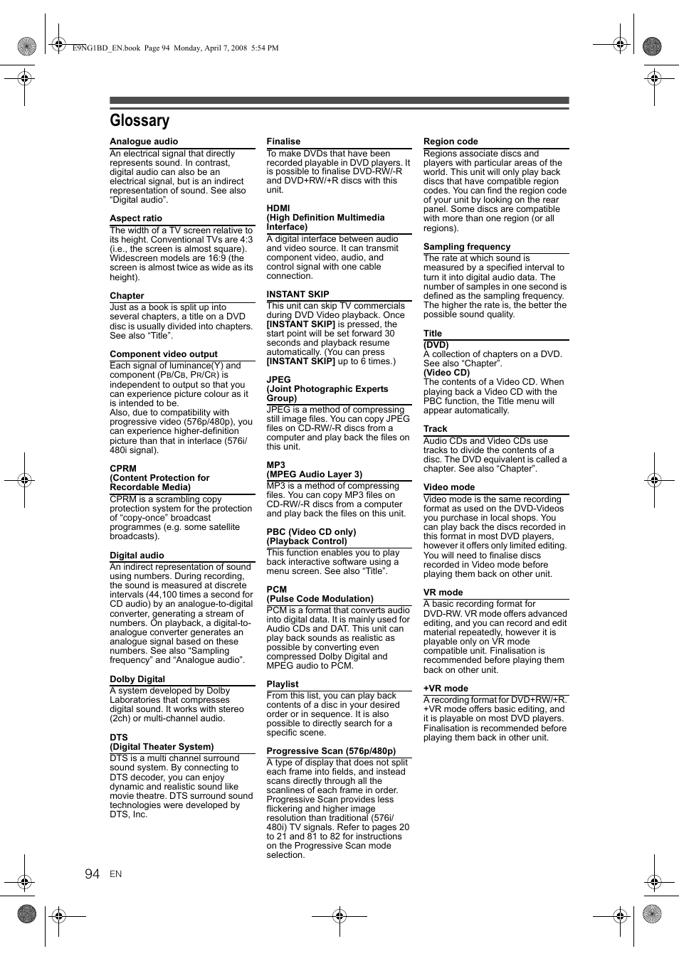 Glossary | Toshiba DVR18 User Manual | Page 94 / 96