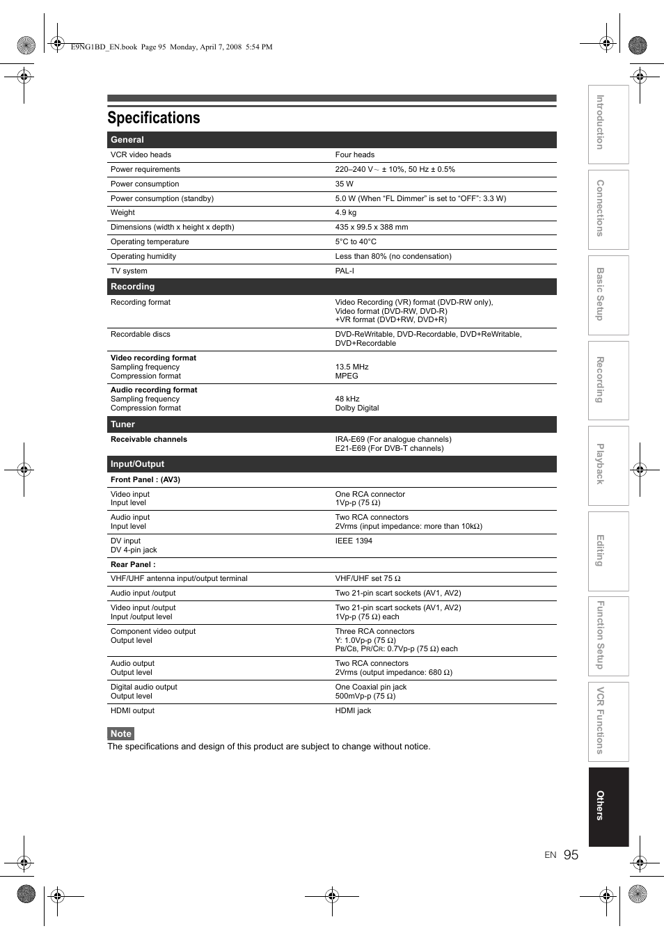 Specifications | Toshiba DVR18 User Manual | Page 95 / 96