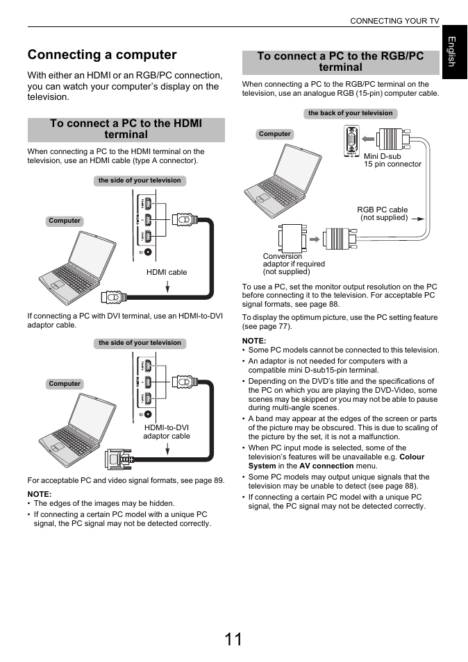 Connecting a computer, To connect a pc to the hdmi terminal, To connect a pc to the rgb/pc terminal | Toshiba L6463 User Manual | Page 11 / 95