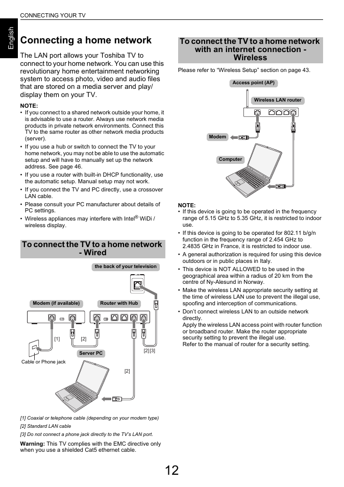 Connecting a home network, To connect the tv to a home network - wired, Internet connection - wireless | Toshiba L6463 User Manual | Page 12 / 95
