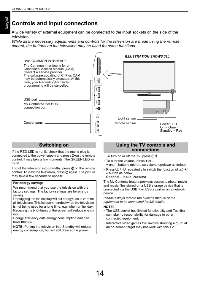 Controls and input connections, Switching on, Using the tv controls and connections | Switching on using the tv controls and connections | Toshiba L6463 User Manual | Page 14 / 95