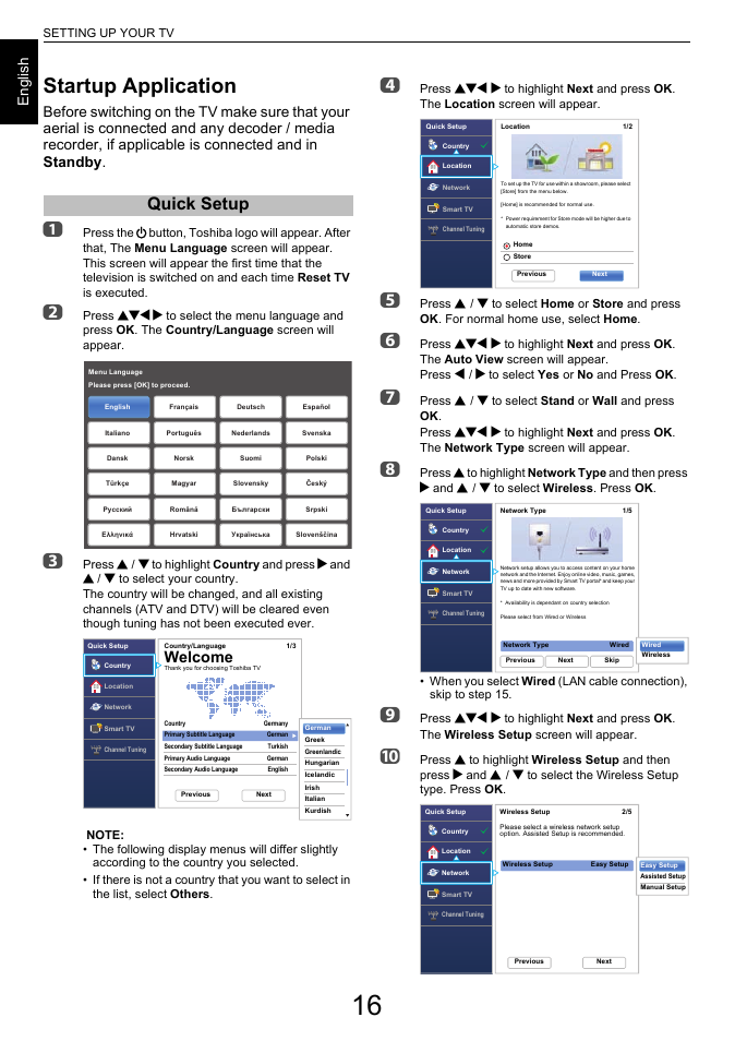 Setting up your tv, Startup application, Quick setup | Welcome, En g lis h, Bbc c | Toshiba L6463 User Manual | Page 16 / 95