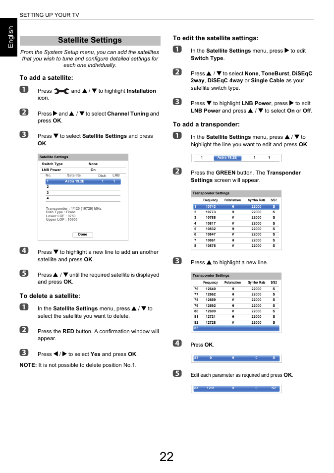 Satellite settings, En g lis h | Toshiba L6463 User Manual | Page 22 / 95