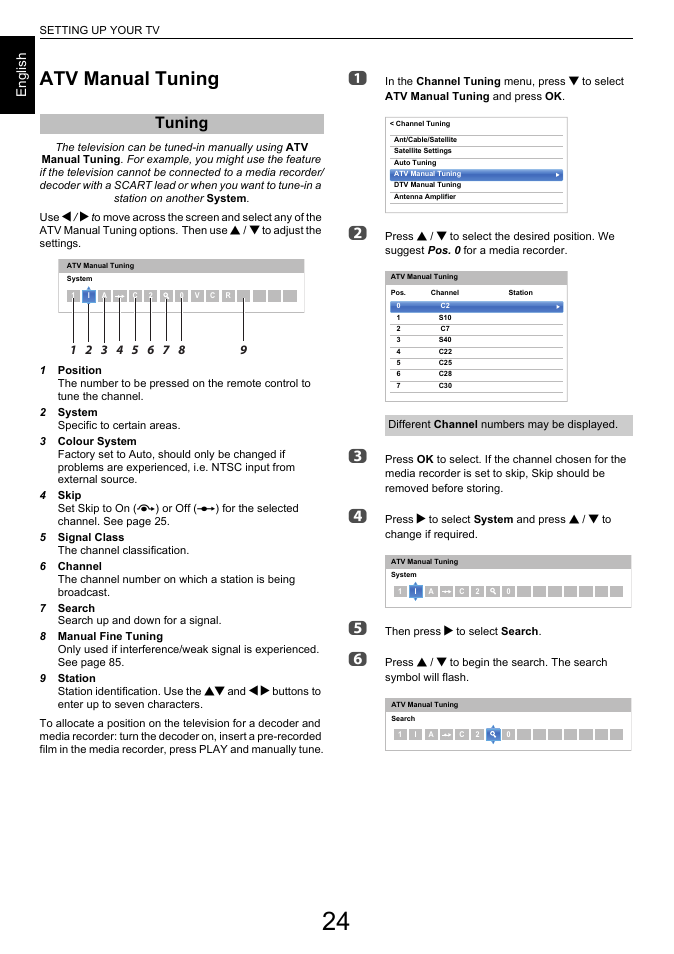 Atv manual tuning, Tuning, En g lis h | Toshiba L6463 User Manual | Page 24 / 95