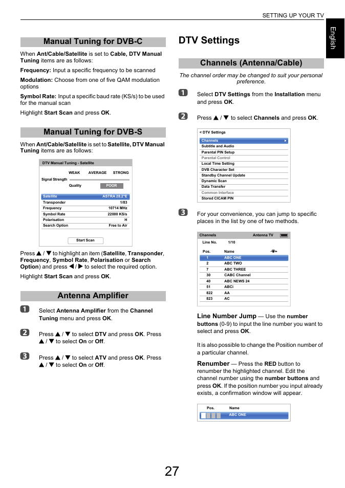 Manual tuning for dvb-c, Manual tuning for dvb-s, Antenna amplifier | Dtv settings, Channels (antenna/cable), Engl ish, Line number jump, Renumber | Toshiba L6463 User Manual | Page 27 / 95