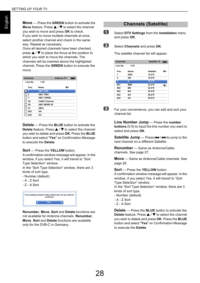 Channels (satellite), En g lis h, Move | Delete, Sort, Line number jump, Satellite jump, Renumber | Toshiba L6463 User Manual | Page 28 / 95