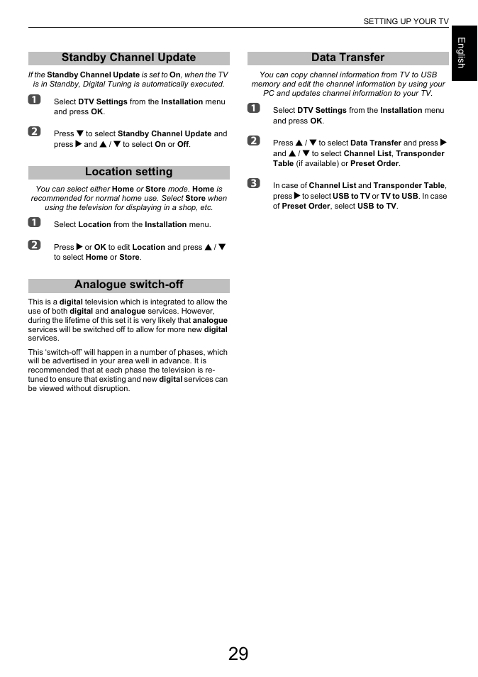 Standby channel update, Location setting, Analogue switch-off | Data transfer | Toshiba L6463 User Manual | Page 29 / 95