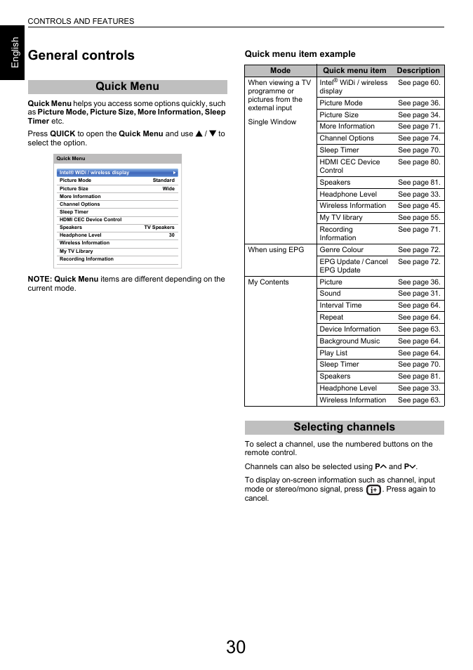 Controls and features, General controls, Quick menu | Selecting channels, Quick menu selecting channels, En g lis h | Toshiba L6463 User Manual | Page 30 / 95