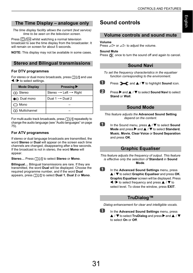 The time display – analogue only, Stereo and bilingual transmissions, Sound controls | Volume controls and sound mute, Sound navi, Sound mode, Graphic equaliser, Trudialog | Toshiba L6463 User Manual | Page 31 / 95