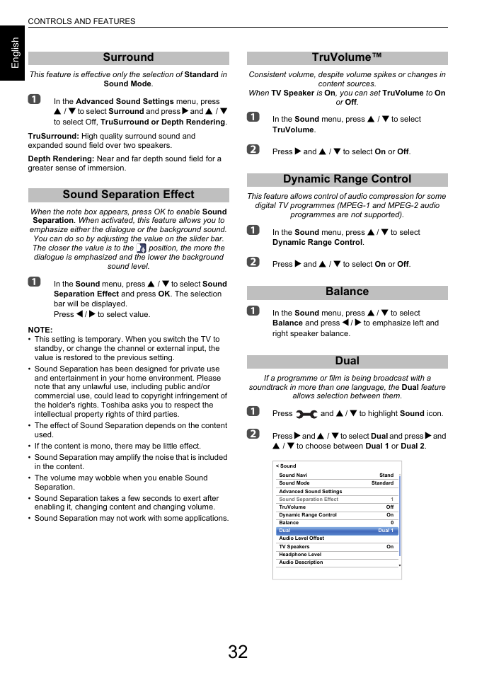 Surround, Sound separation effect, Truvolume | Dynamic range control, Balance, Dual | Toshiba L6463 User Manual | Page 32 / 95