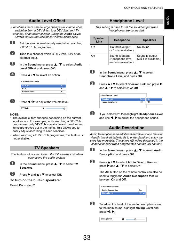 Audio level offset, Tv speakers, Headphone level | Audio description, Audio level offset tv speakers | Toshiba L6463 User Manual | Page 33 / 95