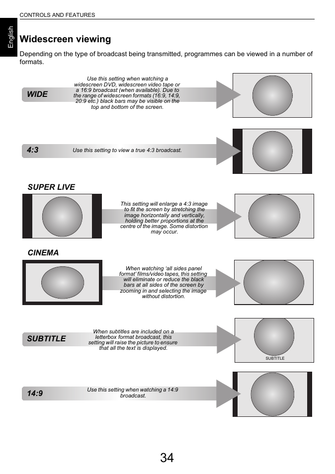 Widescreen viewing, Wide 4:3 subtitle, 9 super live cinema | Toshiba L6463 User Manual | Page 34 / 95
