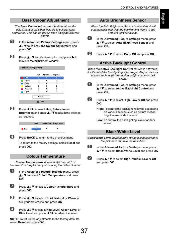Base colour adjustment, Colour temperature, Auto brightness sensor | Active backlight control, Black/white level, Base colour adjustment colour temperature | Toshiba L6463 User Manual | Page 37 / 95