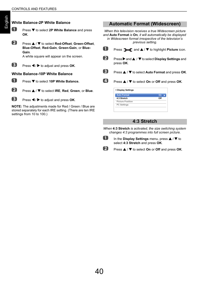 Automatic format (widescreen), 3 stretch, Automatic format (widescreen) 4:3 stretch | Toshiba L6463 User Manual | Page 40 / 95