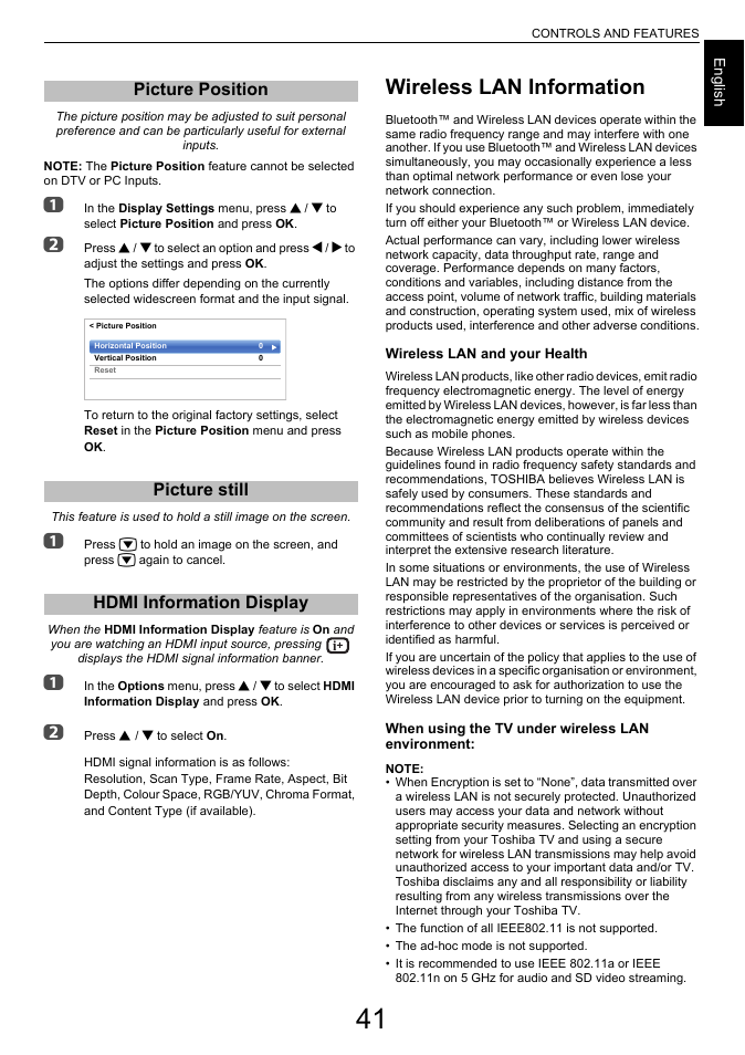 Picture position, Picture still, Hdmi information display | Wireless lan information | Toshiba L6463 User Manual | Page 41 / 95