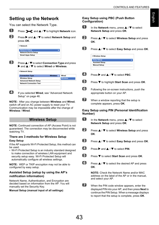 Setting up the network, Wireless setup | Toshiba L6463 User Manual | Page 43 / 95