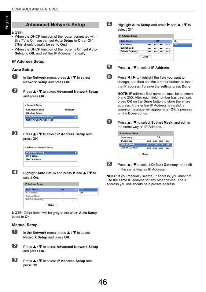 Advanced network setup, En g lis h, Ip address setup auto setup | Manual setup | Toshiba L6463 User Manual | Page 46 / 95
