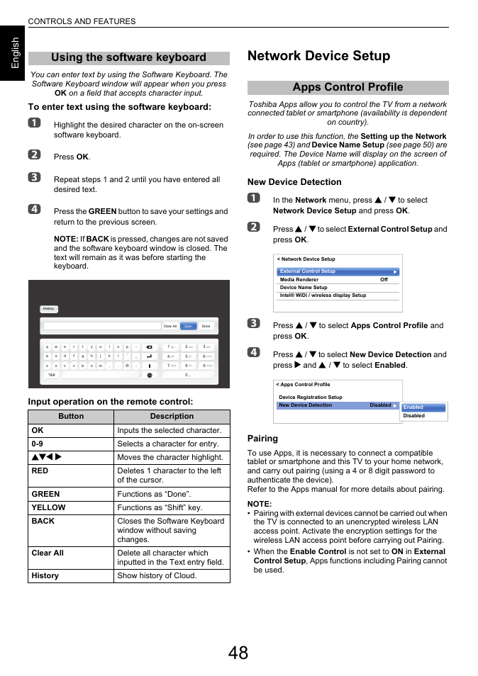 Using the software keyboard, Network device setup, Apps control profile | En g lis h, Input operation on the remote control, New device detection, Pairing, Bbc c | Toshiba L6463 User Manual | Page 48 / 95