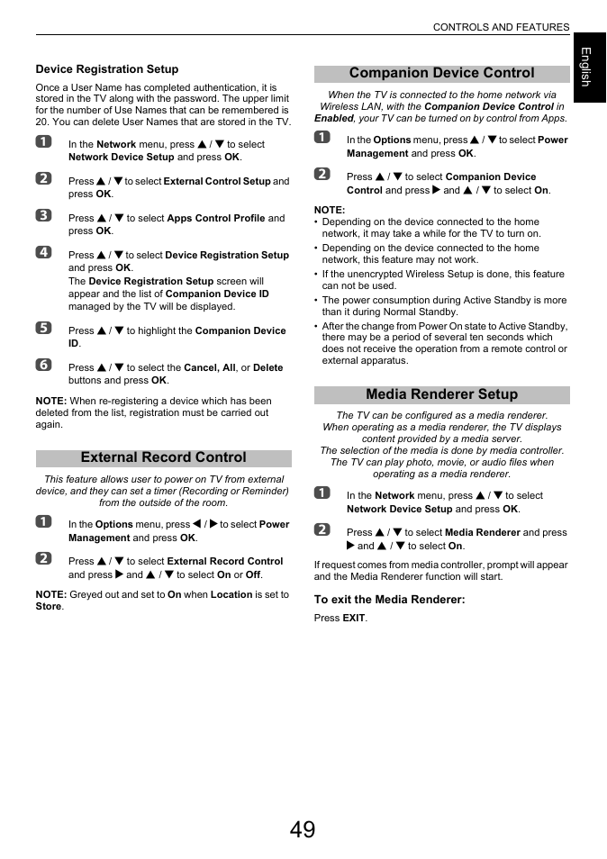 External record control, Companion device control, Media renderer setup | Toshiba L6463 User Manual | Page 49 / 95