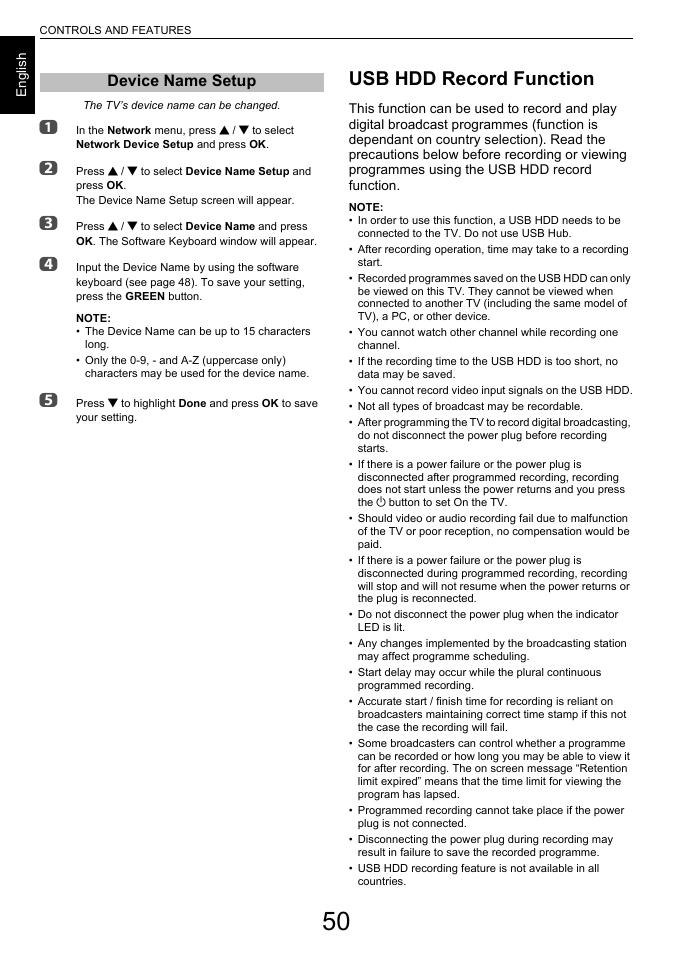 Device name setup, Usb hdd record function | Toshiba L6463 User Manual | Page 50 / 95