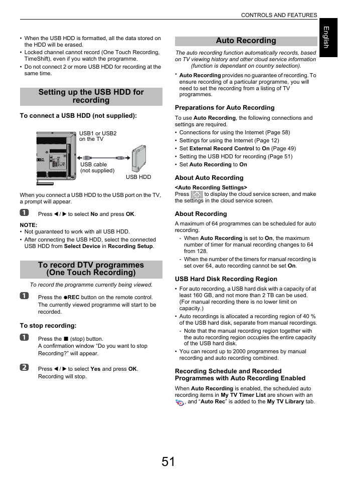 Setting up the usb hdd for recording, To record dtv programmes (one touch recording), Auto recording | One touch recording) | Toshiba L6463 User Manual | Page 51 / 95