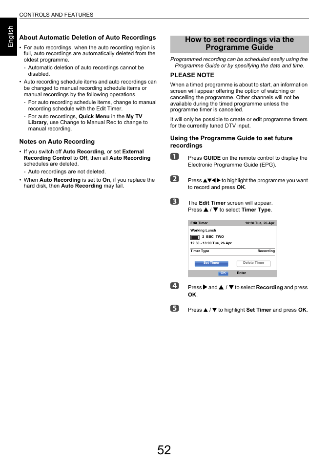 How to set recordings via the programme guide, How to set recordings via the programme, Guide | Toshiba L6463 User Manual | Page 52 / 95
