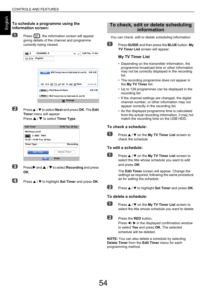 To check, edit or delete scheduling information, To check, edit or delete scheduling, Information | En g lis h | Toshiba L6463 User Manual | Page 54 / 95