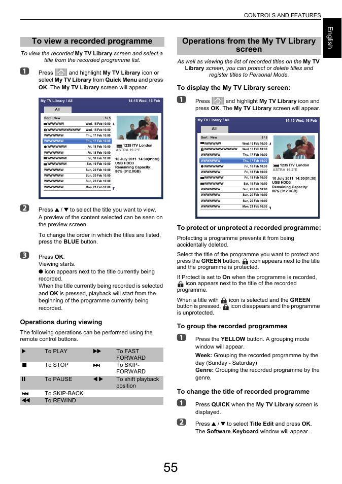 To view a recorded programme, Operations from the my tv library screen, Engl ish | Operations during viewing | Toshiba L6463 User Manual | Page 55 / 95
