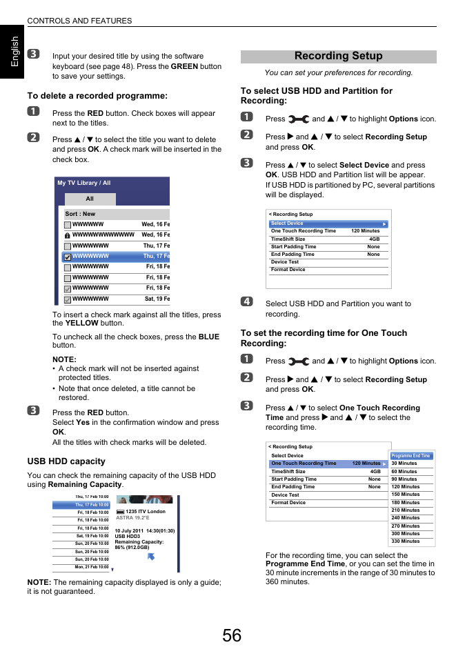 Recording setup, En g lis h, Usb hdd capacity | Toshiba L6463 User Manual | Page 56 / 95