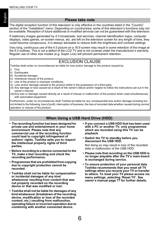 Exclusion clause, When using a usb hard drive (hdd) | Toshiba L6463 User Manual | Page 6 / 95