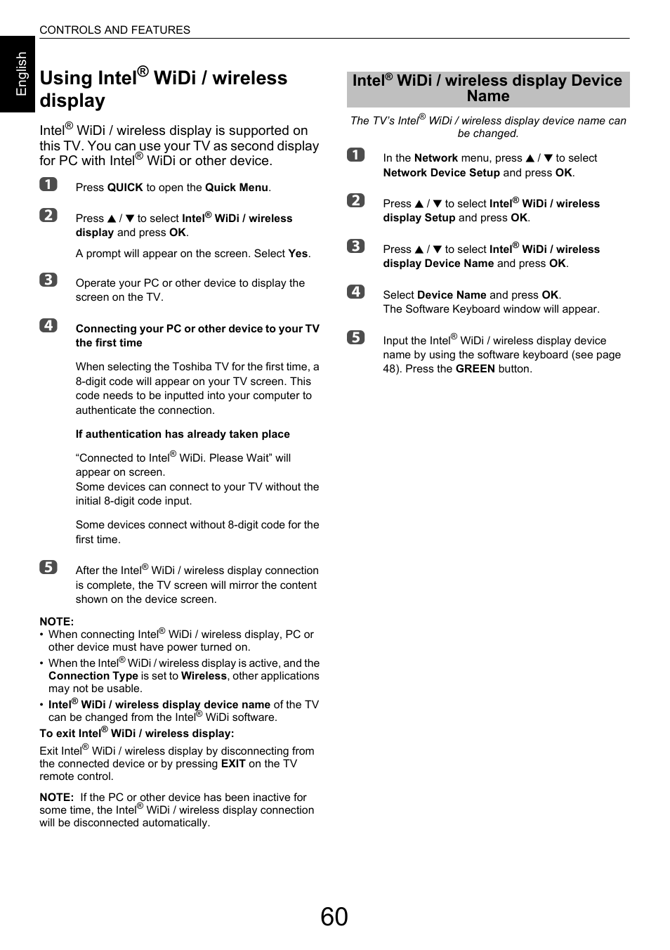 Using intel® widi / wireless display, Intel® widi / wireless display device name, Using intel | Widi / wireless display, Intel, Widi / wireless display device name | Toshiba L6463 User Manual | Page 60 / 95